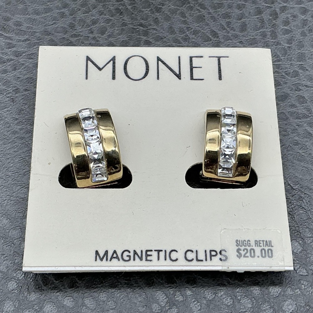 Monet Earrings Gold Tone Crystal Huggie Hoop Womens Magnetic‎ Fashion Jewelry